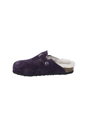 Purple suede clog with a white fur lining, featuring a side strap with a metal button and a cork midsole. Textured black rubber outsole.