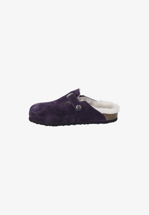 Purple suede clog with a white fur lining, featuring a side strap with a metal button and a cork midsole. Textured black rubber outsole.