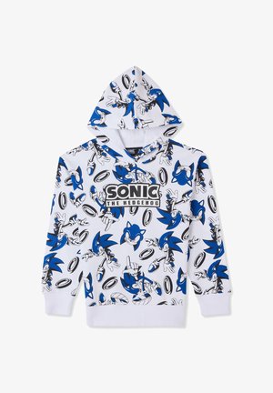 Felpa con cappuccio con base bianca, grafiche di Sonic the Hedgehog in blu, contorni neri e testo nero in una scatola logo centrale.