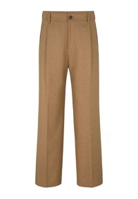 Brązowe spodnie z wełny w połączeniu z innymi materiałami, o prostym kroju nogawek, z przodu z fałdami, z zapięciem na guzik i bocznymi kieszeniami. Gładka faktura.
