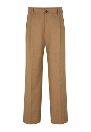 Braune Wollmischungshosen mit geradem Bein, mit vorderen Falten, einem Knopfverschluss und Seitentaschen. Angenehme, glatte Textur.