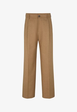 Pantaloni in misto lana marrone con design a gamba dritta, dotati di pieghe frontali, chiusura con bottone e tasche laterali. Texture liscia.