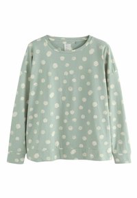 Hellgrüner Sweatshirt mit lässiger Passform, mit einem weißen Punktemuster. Weicher Stoff, runder Halsausschnitt und lange Ärmel.