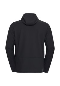 Zwarte jas met capuchon en een textuur van gebreid ontwerp, met een gestroomlijnde snit. De achterkant toont contrasterende paneeldetails en een zachte afwerking.