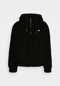 Sudadera con capucha de forro polar negro y grueso, con detalles en dorado y un pequeño logo en el pecho. Presenta puños y dobladillo acanalados.