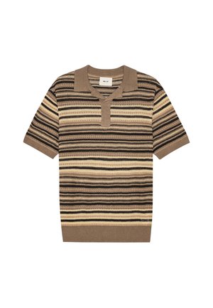 Kurzärmliges, gestricktes Poloshirt mit horizontalen Streifen in Beige, Braun und Schwarz sowie einem umgelegten Kragen.