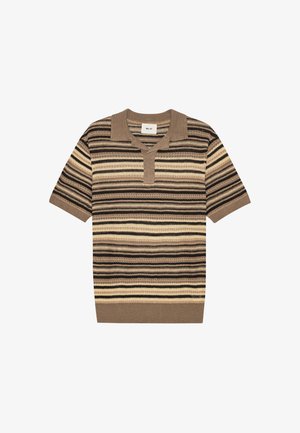 Polo a maniche corte lavorata a maglia con righe orizzontali beige, marroni e nere e colletto a risvolto.