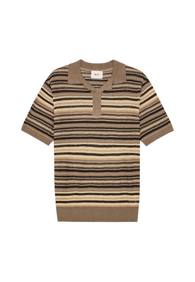 Polo a maniche corte lavorata a maglia con righe orizzontali beige, marroni e nere e colletto a risvolto.