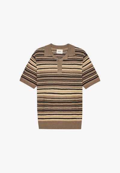 Polo a maniche corte lavorata a maglia con righe orizzontali beige, marroni e nere e colletto a risvolto.
