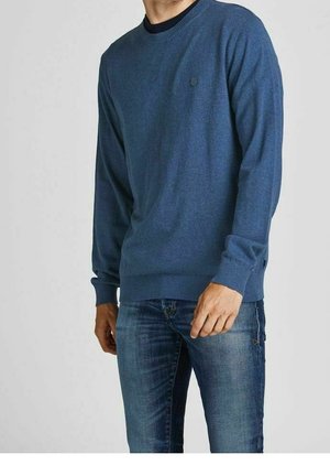 Homme portant un pull bleu à col rond et un jean bleu, debout devant un fond gris clair uni, les mains détendues le long du corps.