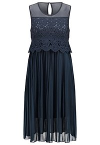 Robe sans manches bleu marine avec corsage en dentelle fleurie, poitrine transparente, dos ajouré en forme de goutte et jupe plissée longueur midi.