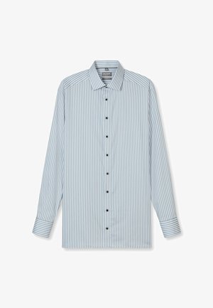 Striped long-sleeve shirt in light blue and white, featuring a button-down front with black buttons and contrasting striped cuffs.