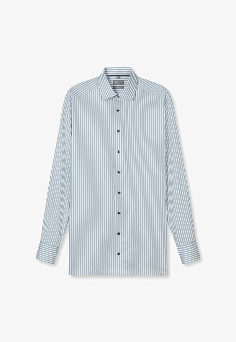 Gestreiftes Langarmhemd in Hellblau und Weiß mit durchgehendem Knopfverschluss und schwarzen Knöpfen sowie kontrastierenden gestreiften Manschetten.