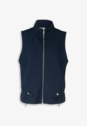 Veste sans manches bleu marine avec fermeture éclair frontale, col haut, poches latérales et cordons ajustables à l'ourlet.