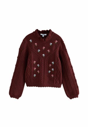 Maroon knit sweater with cable patterns and small pink and blue embroidered flowers, featuring a ruffled round neckline and long sleeves.