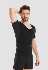 Black short-sleeve V-neck shirt made of stretch fabric, featuring seamless design and fitted silhouette for a streamlined appearance.