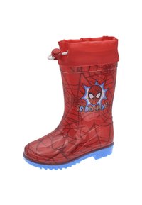 Botte de pluie rouge avec un design Spider-Man, des motifs de toile noirs, une semelle bleue et un haut resserré avec un cordon de serrage.