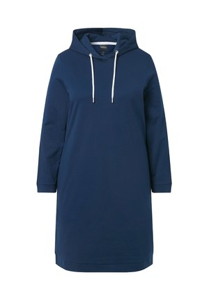 Mørkeblå langærmet hættkjole med hvide snore og afslappet pasform, præsenteret på en hvid baggrund.