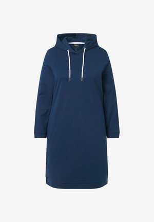 Tummansininen pitkähihaisen hupparin mekko, jossa on valkoiset nyörit ja rento istuvuus, esillä valkoisella taustalla.