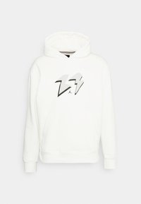 Felpa bianca realizzata in misto cotone, con tasca a marsupio frontale e logo grafico grigio nella zona del torace. Polsi e orlo a costine.