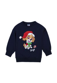 Felpa blu navy con un cane da cartone animato in un cappello di Babbo Natale, che indossa un fiocco verde, con dettagli bianchi e la scritta "Skye" sotto il design.