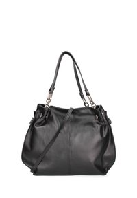 Grote zwarte leren handtas met een gestructureerd ontwerp, dubbele bovenhandvatten en een verstelbare schouderriem. Glad oppervlak, minimale hardware en een ritssluiting.