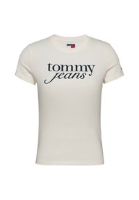 T-shirt in cotone color crema con maniche corte, caratterizzato dal logo "tommy jeans" in scrittura blu navy sul petto.