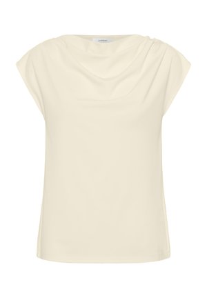 Haut crème avec une coupe ample, manches courtes roulées et décolleté drapé. Tissu doux et lisse avec un éclat subtil.
