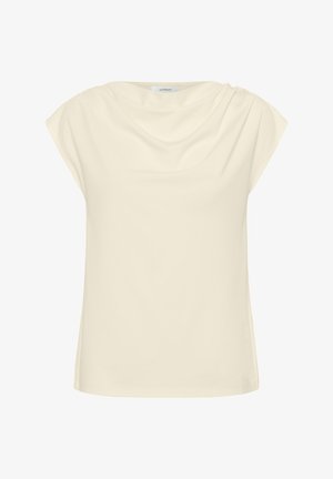 Krémový top s voľným strihom, krátkymi zvinutými rukávmi a záhybovým výstrihom. Mäkká, hladká látka s jemným leskom.