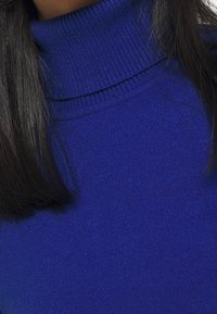 Stickad polotröja i livlig blå färg, med ribbad textur vid kragen och nederkanten, samt en slät, figurnära design.