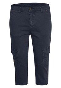 Marinblå cargo-byxor med flera fickor, rak passform, slitstarkt tyg och framknäppning med knapp. Subtila sömnadsdetaljer synliga.