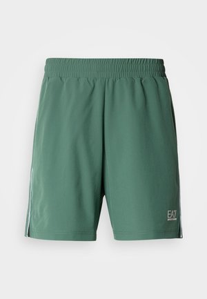 Žalios sportinės šortai su elastinga juosmens juosta, šoninėmis juostelėmis ir logotipo akcentu priekyje, pagaminti iš kvėpuojančios medžiagos.