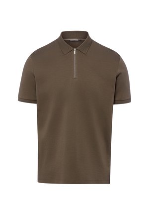 Brązowa koszulka polo z krótkim rękawem, z srebrnym półzamkiem i klasycznym kołnierzykiem, przedstawiona na białym tle.