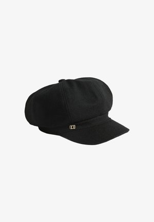 Bonnet en laine noir avec une couronne arrondie, un large bord et un subtil accent doré sur le côté. Texture douce et design structuré.
