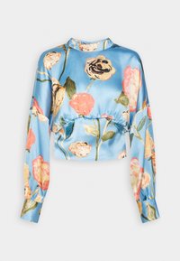 Blå satin blus med lång ärm, hög krage och blommönster i rosa, orange och gult, elastisk midja och knappade manschetter.