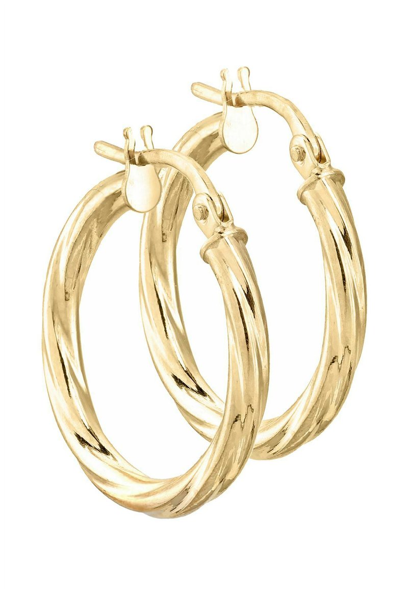 Kuldset tooni metallist rõngakujulised kõrvarõngad keeruka disainiga. Sile pind ning turvalise kinnitusega sulgur. Iga rõngas on ümar ja poleeritud.