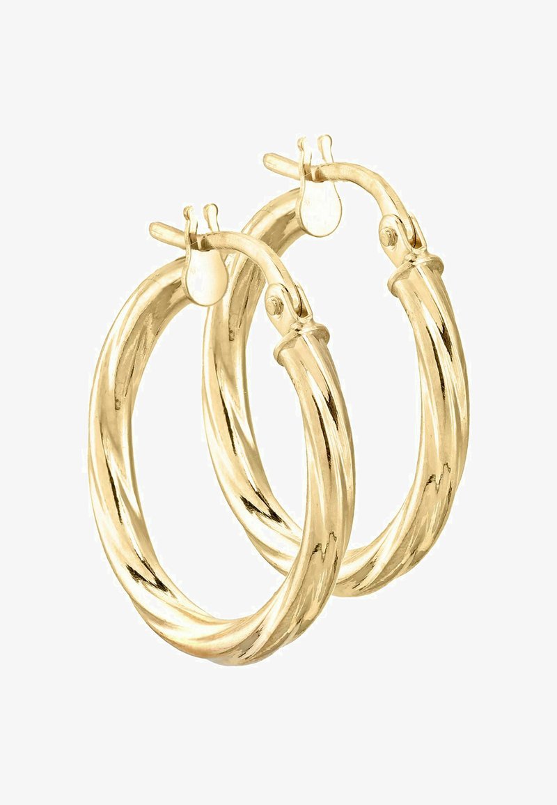 Kuldset tooni metallist rõngakujulised kõrvarõngad keeruka disainiga. Sile pind ning turvalise kinnitusega sulgur. Iga rõngas on ümar ja poleeritud.