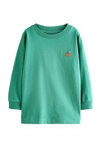 Grön långärmad skjorta med en liten broderad brun äpple på bröstet. Enkel, avslappnad design som passar för barn.