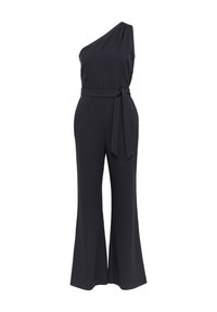 Zwarte one-shoulder jumpsuit met een ceintuur in de taille, wijde benen en een soepele textuur. Kenmerkt zich door een subtiele glans en minimale hardware-accenten.