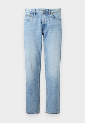 Lyseblå denimjeans med rett ben, fem-lommers design, falmet tekstur og en klassisk knapp- og glidelås-lukking.