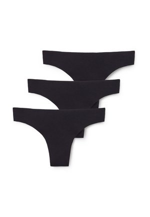 Three black women's thong underwear pieces stacked on a white background, showing front and waistband details.