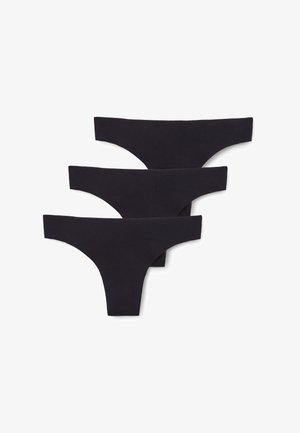 Three black women's thong underwear pieces stacked on a white background, showing front and waistband details.