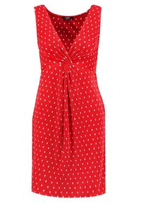 Rotes ärmelloses Kleid mit V-Ausschnitt, gewundenem Frontdetail und weißen Punkten, aus glattem, fließendem Stoff und knielanger Länge.