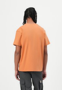 Korte mouw oranje katoenen T-shirt met een ronde hals, ontspannen pasvorm en een gladde textuur, gezien vanaf de achterkant.
