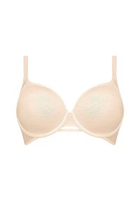 Beżowy biustonosz z wyściółką, wykonany z półprzezroczystej tkaniny, z gładkimi miseczkami i regulowanymi ramiączkami. Posiada wsparcie w postaci fiszbin i delikatną zdobioną fakturę.