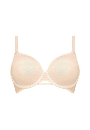 Beige polstret bh med semi-gennemsigtig stof, glatte skåle og justerbare stropper. Har bøjlesupport og en subtil mønstret tekstur.
