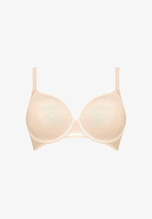 Beżowy biustonosz z wyściółką, wykonany z półprzezroczystej tkaniny, z gładkimi miseczkami i regulowanymi ramiączkami. Posiada wsparcie w postaci fiszbin i delikatną zdobioną fakturę.