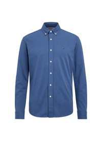Camicia a maniche lunghe in cotone blu con colletto button-down, chiusura frontale a bottoni e dettaglio logo discreto sul lato sinistro del petto.