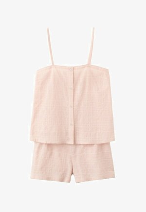 Lichtroze geribbelde stof tweedelig set met dunne bandjes, bovenstuk met knopen aan de voorkant en bijpassende hoogtaille shorts.