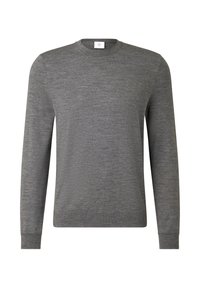 Grauer Pullover mit langen Ärmeln aus einem weichen, strukturierten Stoff. Verfügt über einen Rundhalsausschnitt und enganliegende Bündchen. Schlichtes Design ohne Verzierungen.